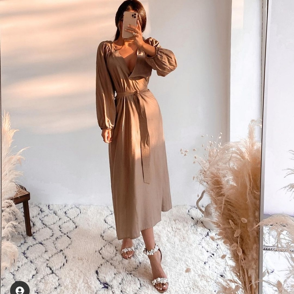 Zara * Belted Midi Dress Tan - Picture 2 of 5